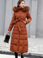 Long Belted Hooded Puffer Coat with Faux Fur for Women