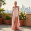 Women’s Elegant Pink Asymmetric Ruffle Slit Maxi Dress