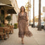 Women’s Elegant Print Brown V-Neck Midi Dress