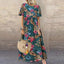Women's Round Neck Tropical Floral Print Short Sleeve Loose Boho Maxi Dress