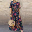 Women's Round Neck Tropical Floral Print Short Sleeve Loose Boho Maxi Dress