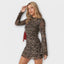 Women's Leopard Print Round Neck Bell Sleeve Bodycon Mini Dress