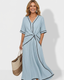 Women's V-Neck Short Sleeve Contrast Trim Front Twist Maxi Dress