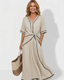 Women's V-Neck Short Sleeve Contrast Trim Front Twist Maxi Dress