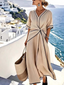 Women's V-Neck Short Sleeve Contrast Trim Front Twist Maxi Dress
