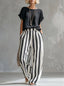 Women’s Two Piece Short Sleeve Top And Wide Leg Stripe Trousers Set