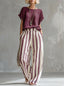 Women’s Two Piece Short Sleeve Top And Wide Leg Stripe Trousers Set