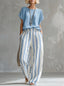 Women’s Two Piece Short Sleeve Top And Wide Leg Stripe Trousers Set