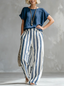 Women’s Two Piece Short Sleeve Top And Wide Leg Stripe Trousers Set