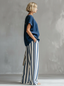 Women’s Two Piece Short Sleeve Top And Wide Leg Stripe Trousers Set