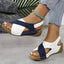 Women's Open Toe Cross Strap Velcro Adjustable Low Wedge Sandals - Blue