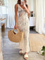 Women's V-Neck Cutout Bodycon Sleeveless Boho Maxi Dress - White